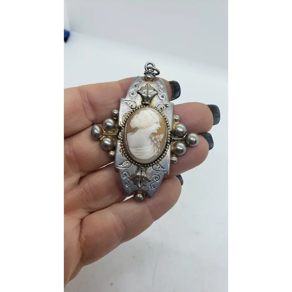 Vintage Cameo Pendant Necklace Silver Tone Ornate Art Deco Intaglio Large